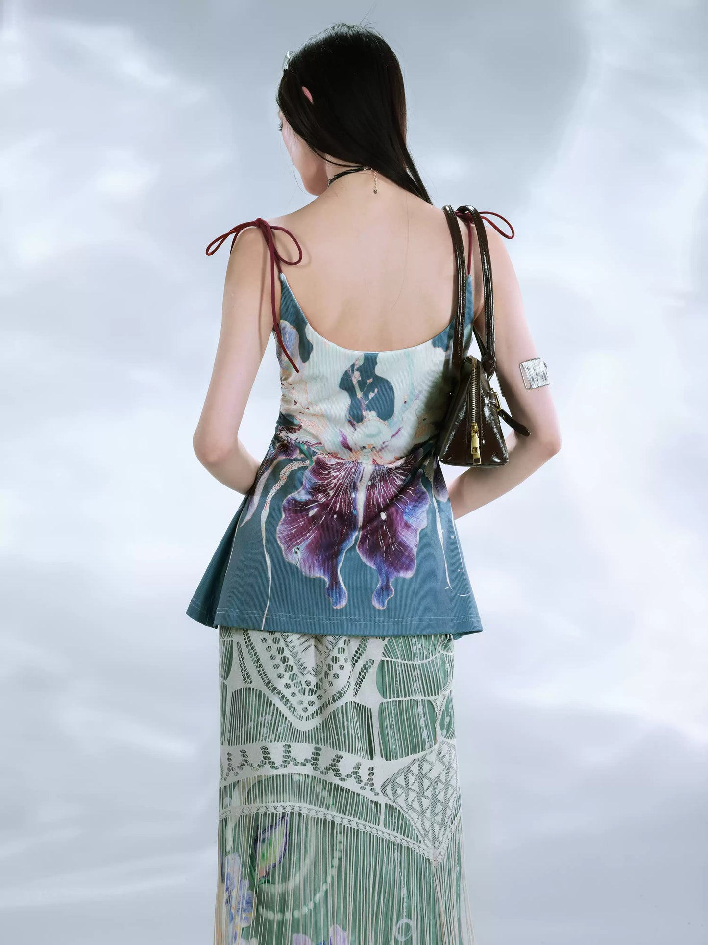 Floral Printed Knitted Vest Beaded Camisole Top