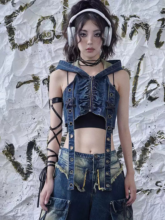 wasteland denim hooded punk rock vest