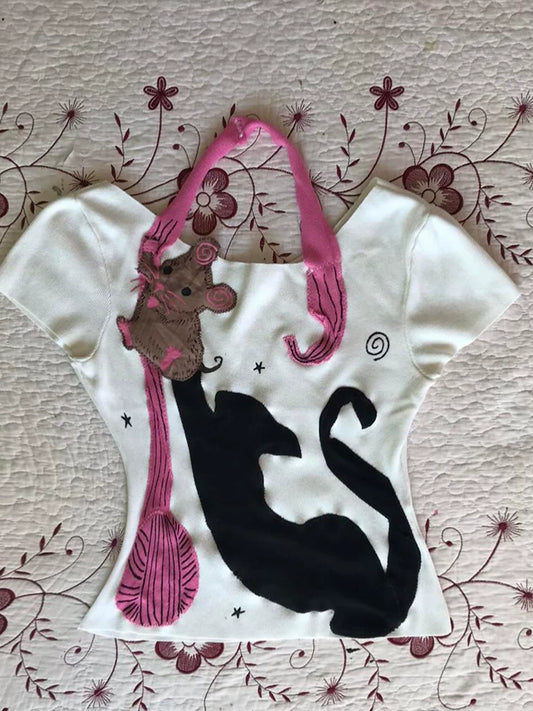 Gothic Rose Original Cartoon Cat Embroidered Slimming Short-Sleeve T-Shirt for Women — Summer, Unique, Versatile Casual