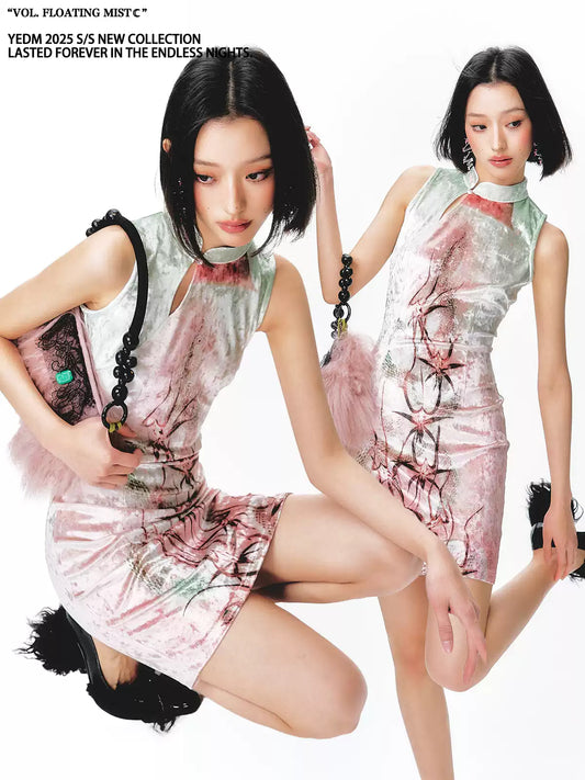 Velvet Long Cheongsam Printed Dress