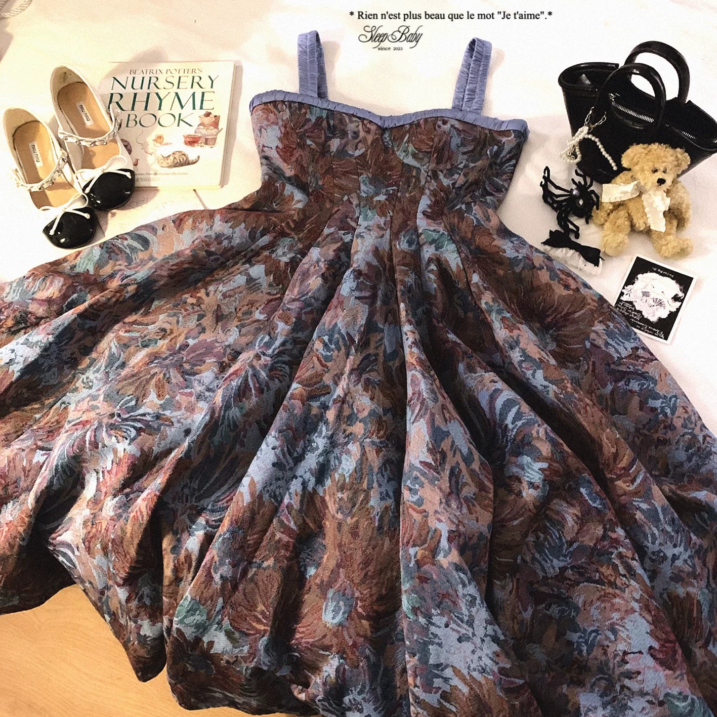 Last-Stock GDRX Vintage Hepburn-Style Oil Painting-Inspired Jacquard Elegant Sheen Satin Shoulder-Strap Slip Dress