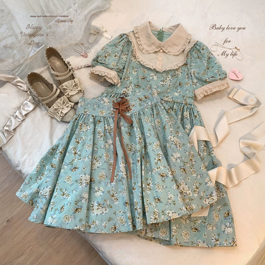 Sleepingdoll Handmade — Kingfisher Garden Mint Rose Printed Cotton Dress Half-Skirt Series