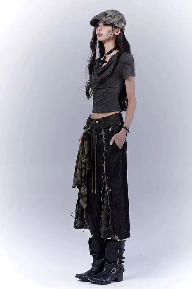 Camouflage Distressed Cropped Pants + Scarf