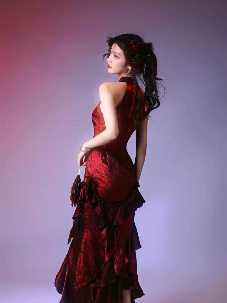 Irregular Ruffled Halter Neck Fishtail Dress