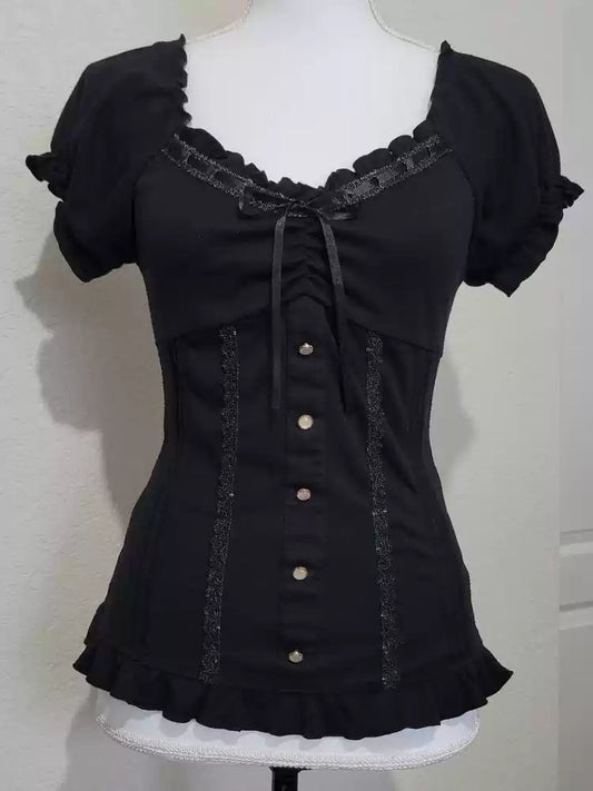 Black lace puff sleeve T-shirt