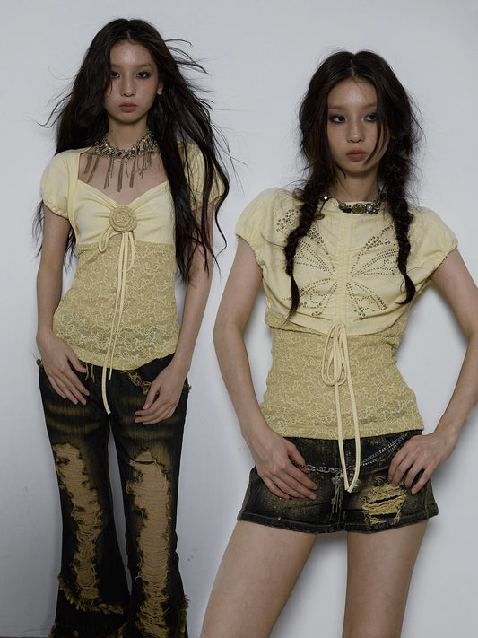 Vintage “Pure Desire” Sequin Knit Puff-Sleeve T-Shirt Top, Two-Way Wear with Contrast Lace