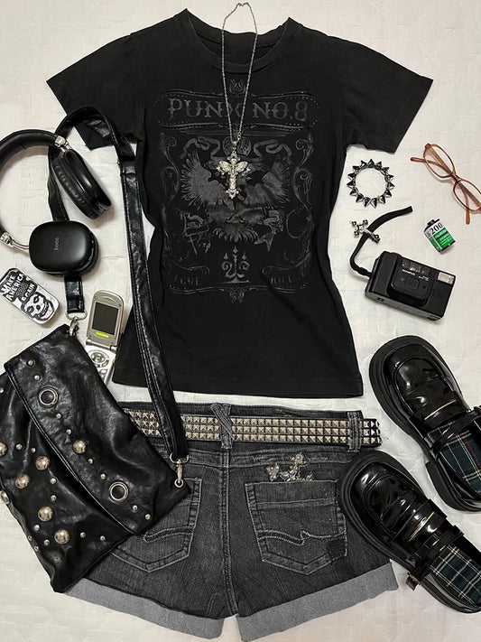 Gothic Rose Original American Vintage Black Printed Short-Sleeve T-Shirt for Women, Designed Fit, Flattering Slimming, Summer Top