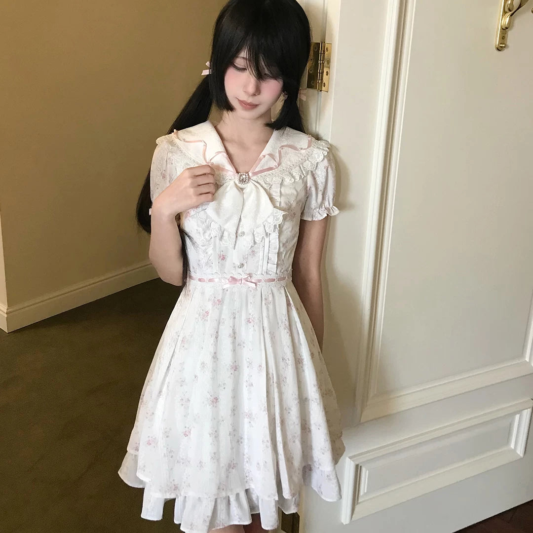Lalalac Chacha “Hana no Akira” Floral Tea Party Dress | Navy Collar Lace Bow Waist-Slimming Sweetheart A-Line Dress for Women 花之晓连衣裙