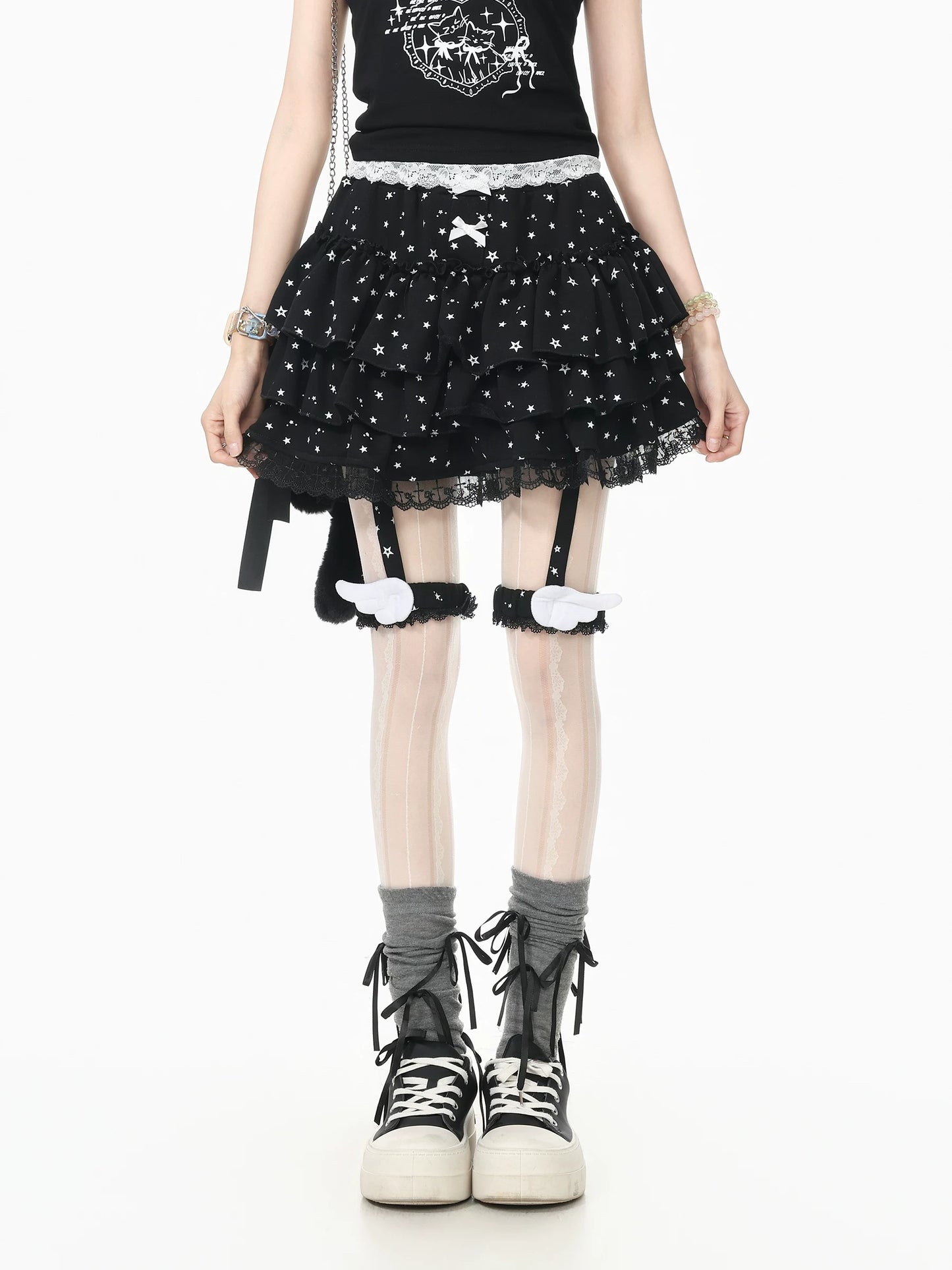 Languid Park Blue-Ghost Park Lace Flounce Petticoat Midi Skirt for Women Summer Bow Lace-Up Short Skirt