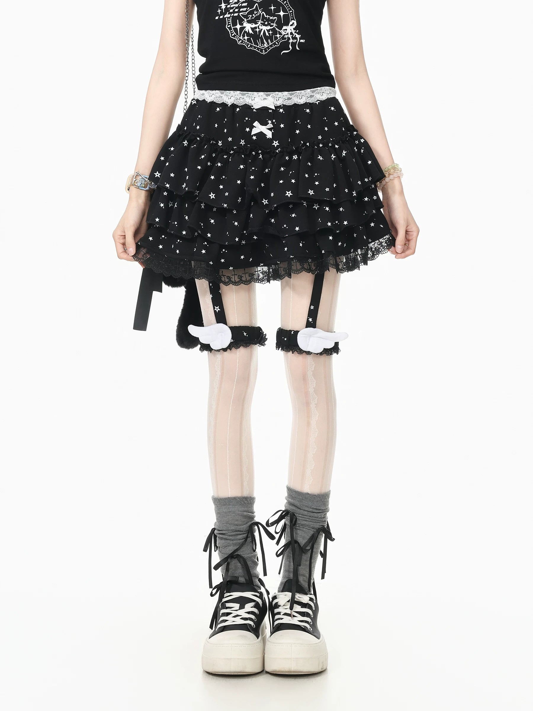 Languid Park Blue-Ghost Park Lace Flounce Petticoat Midi Skirt for Women Summer Bow Lace-Up Short Skirt