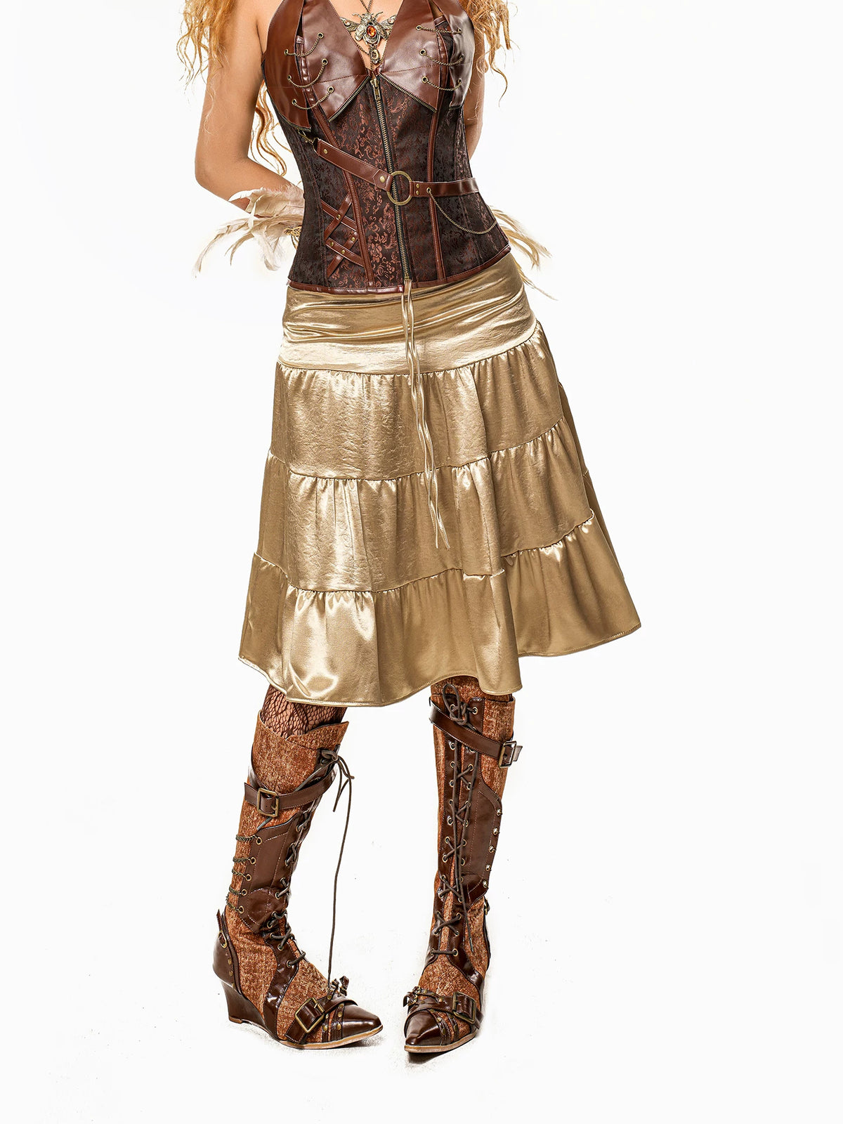 Arielink Vintage Luminous Satin Midi Skirt for Women – Summer A-Line Design with Pleats, Drawstring and Layered Detail