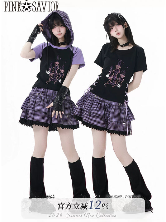 Ready Stock & Fast Shipping 【Interwoven Dreamscape】 Purple Grid Summer Waist-Cinching Color-Block Slimming Cute Short-Sleeve Two-Piece Set