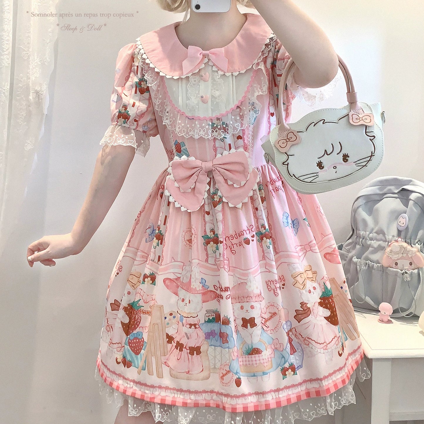 Last-Call HGL Soft Girl Sweet Heart Clasp Doll Collar Contrast Lace Cute Strawberry &amp; Little Bunny Print Dress