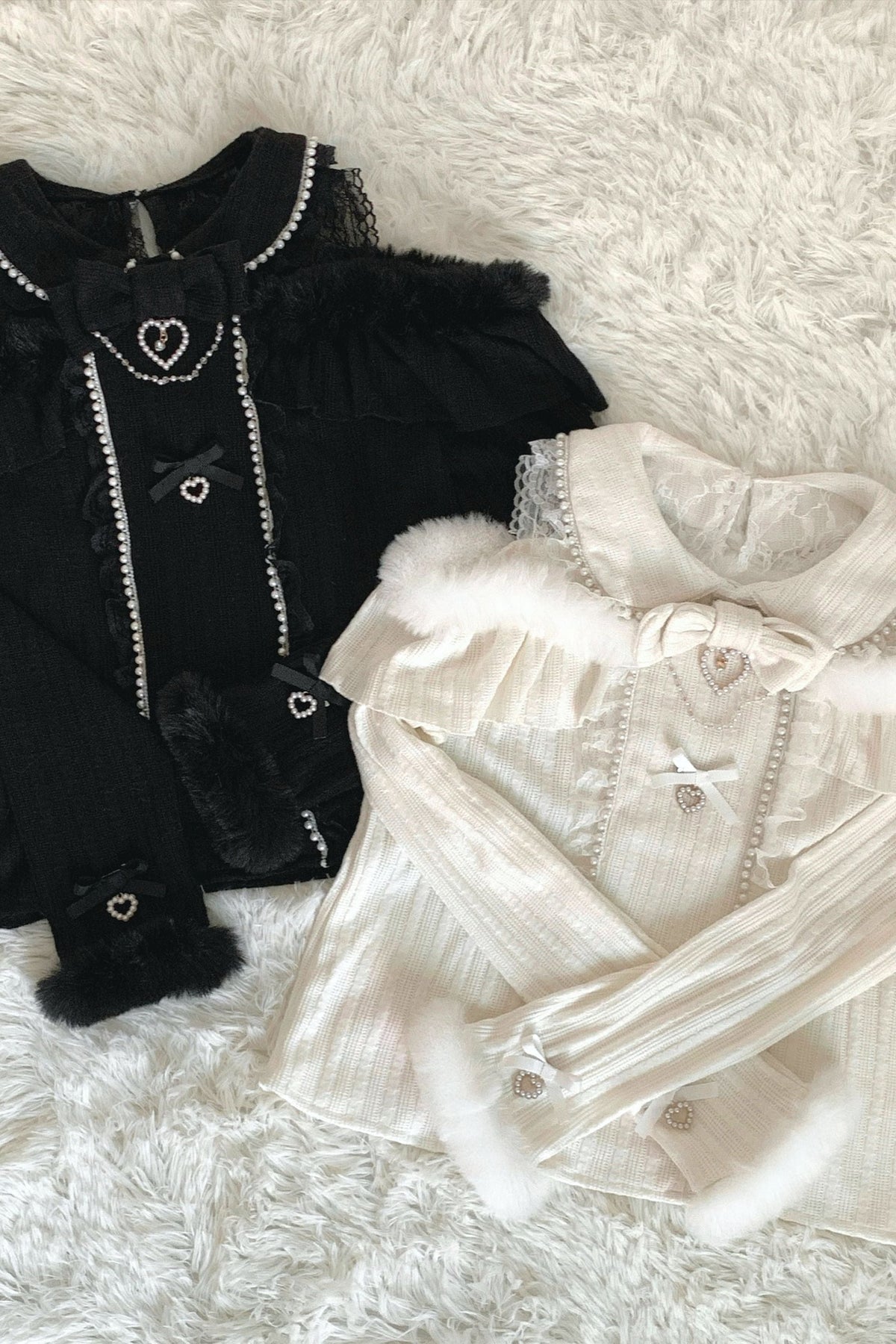 [Pre-order Item] Pearl Lace Ribbon Love Heart Fur Knit Top