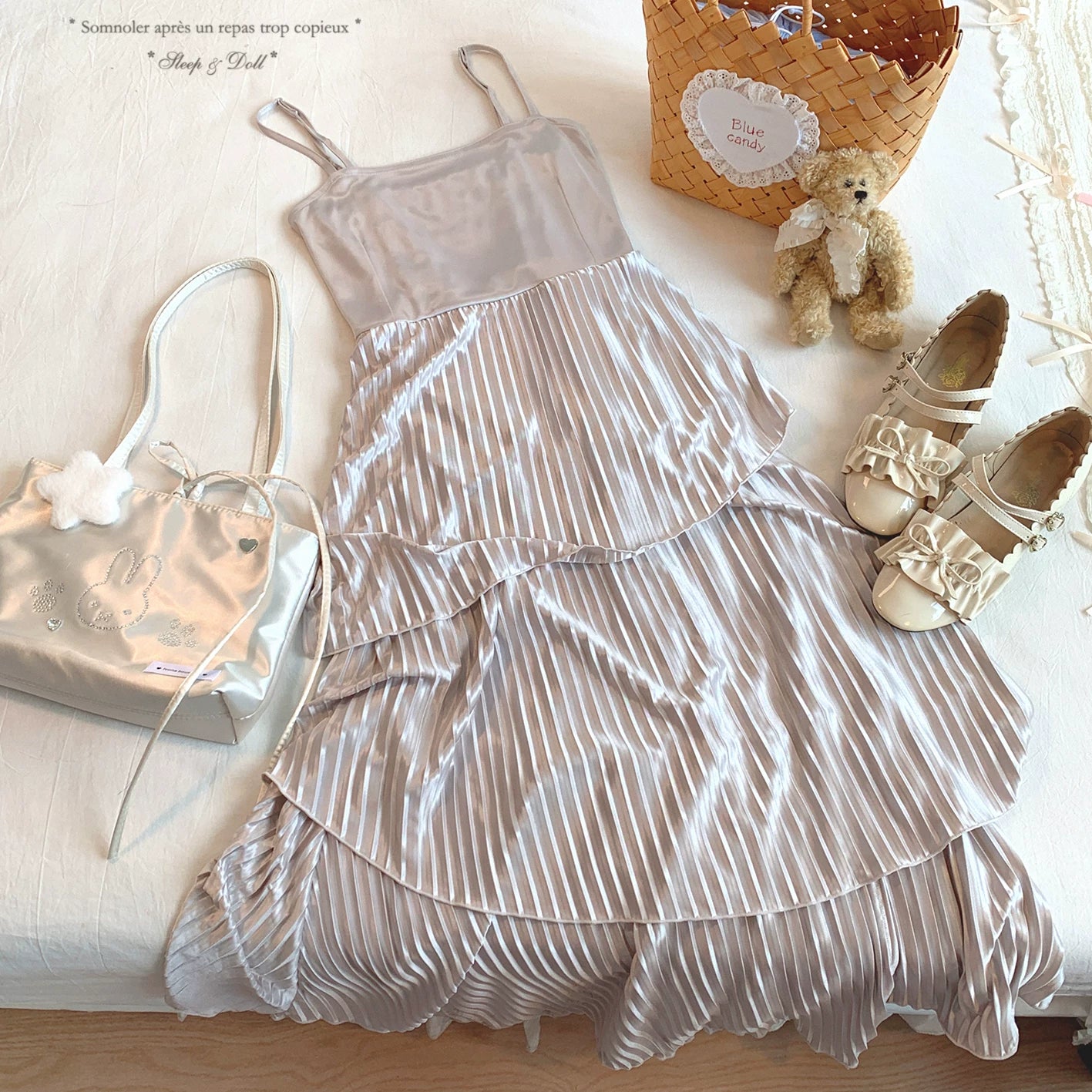 Japanese One Gr* Vintage Elegant Glossy Irregular Pleated Layered Skirt Hem Fishtail Cami Dress