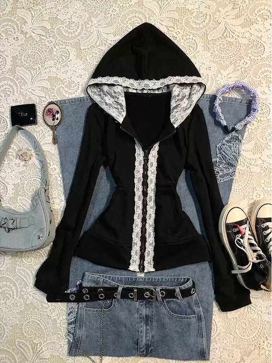 Black lace stitching sweatshirt jacket