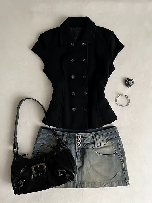 Black Slim-Fit Short-Sleeve Turn-Down Collar Blazer Jacket for Women Spring & Summer Office Work Attire
