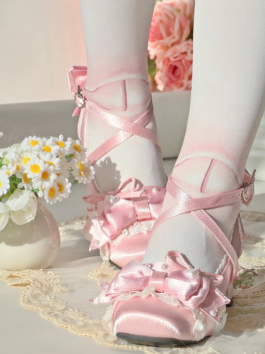 【Moonlight Ballet】Original Ballet Flats with Bow Detail, Elegant Chunky Low Heel, Square Toe Mary Jane Shoes in Satin