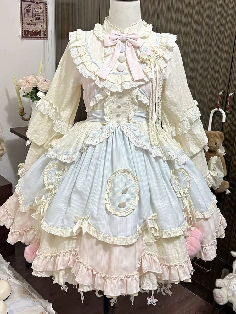Blue-Pink Cute Sweet Lolita Dress Short Length, Long Sleeve “Lolita” Fluffy Princess Dress Slimming Everyday Outfit
