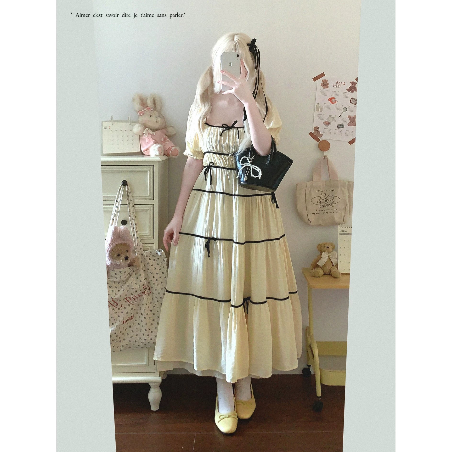 Last-Call Round-Neck Contrast Ribbon Bow Pleated High-Waisted Puff Sleeve Dress *f