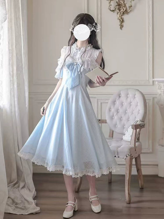 Summer Sweet Lolita-Inspired Two-Piece-Style Stitching Bowknot Cinched Waist Off-Shoulder Lace Maxi Dress