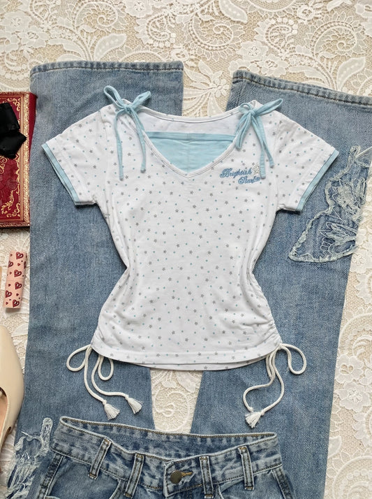 Vintage White Star Print Faux Two-Piece Short-Sleeve T-Shirt for Women Sweet Summer Outfit Top