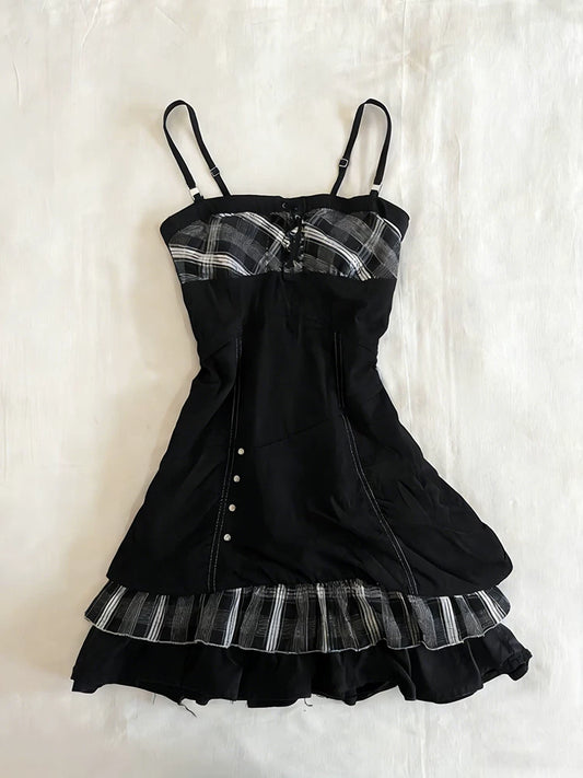Black Plaid Slimming Waist-Cinching A-Line Slip Dress for Women Vintage Elegant Small-Batch Style