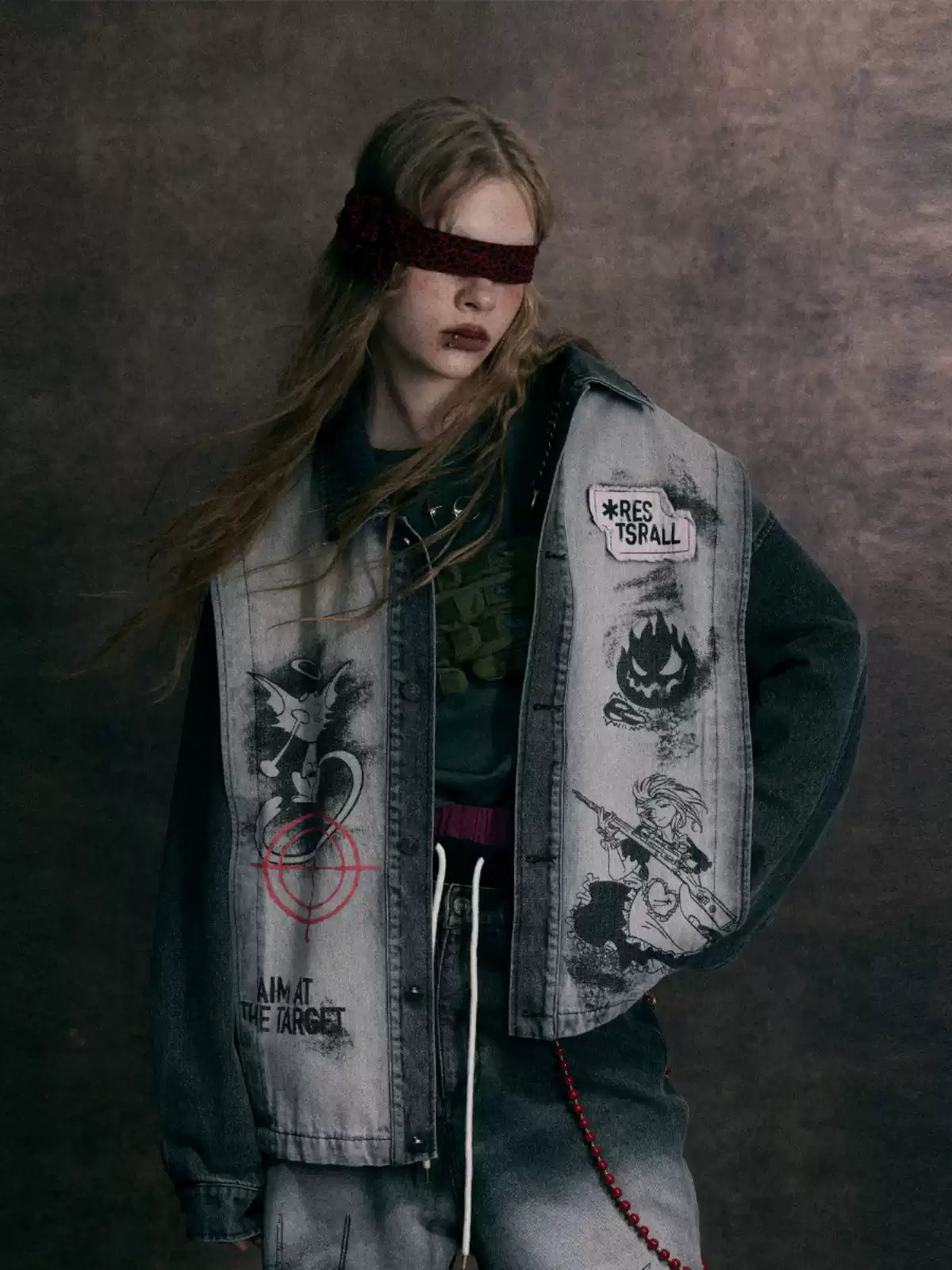 American high street heavy print distressed denim jacket