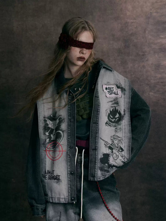 American high street heavy print distressed denim jacket
