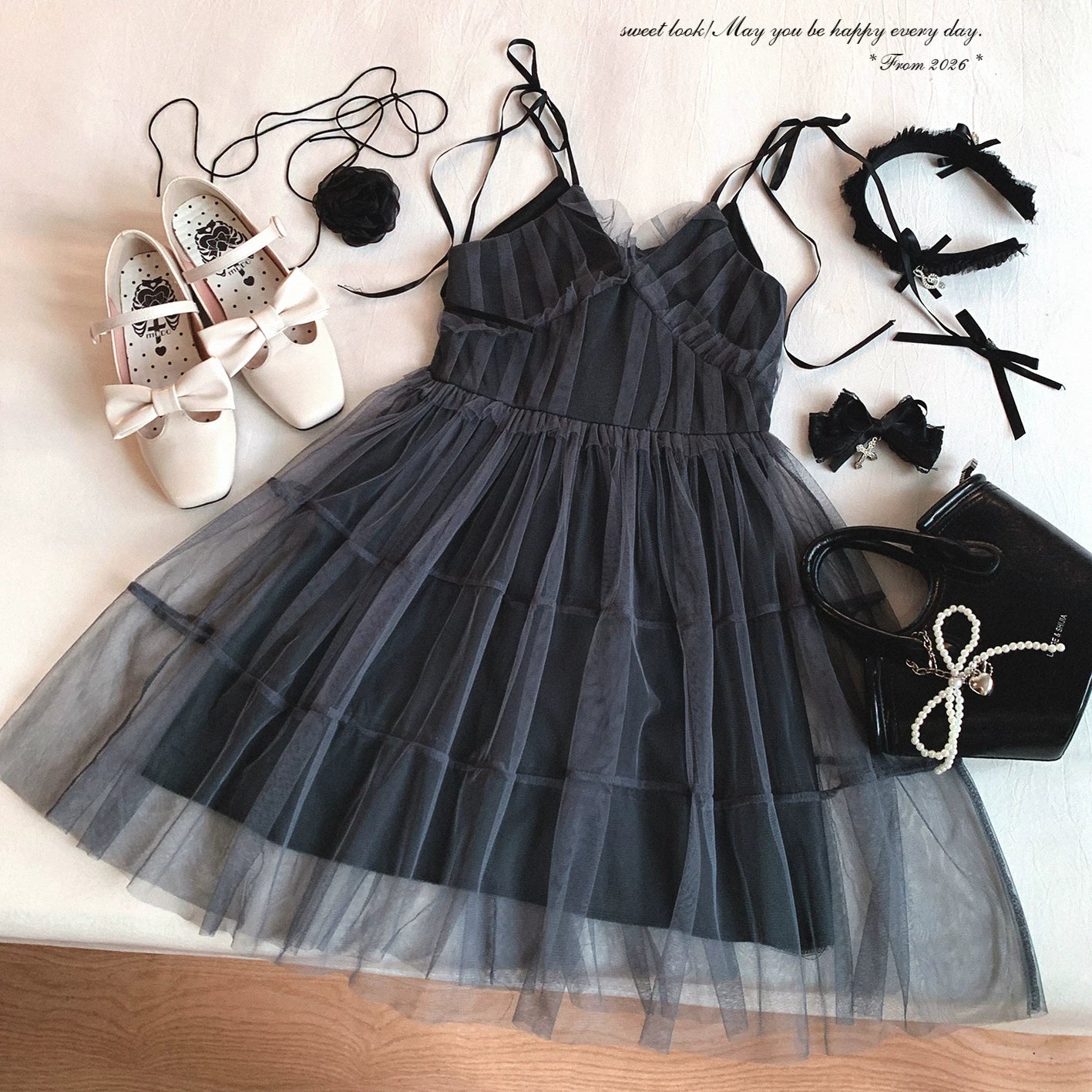 Japanese-Style Design, Lightweight Mesh Panelled Dress with Ribbon Tie Sweet “Pure” Camisole