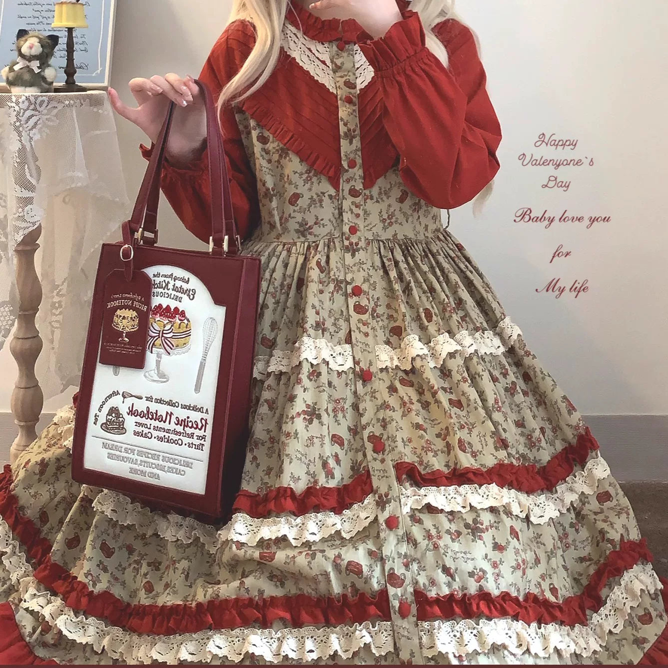 “sleepingdoll Handmade” Printed Fruit Basket Cotton Linen Dress with Long & Short Sleeves, Vintage Elegant