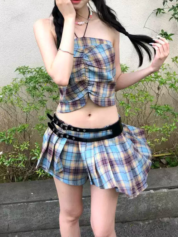 Plaid waist tie belt metal irregular pleated culottes