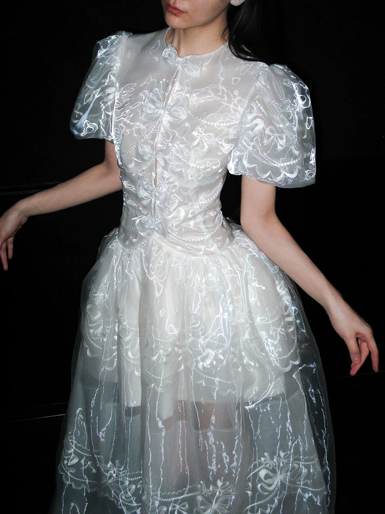 Elegant Bridal Reception Dress for Women, French-Inspired White Lace with Puff Sleeves and Round Neck