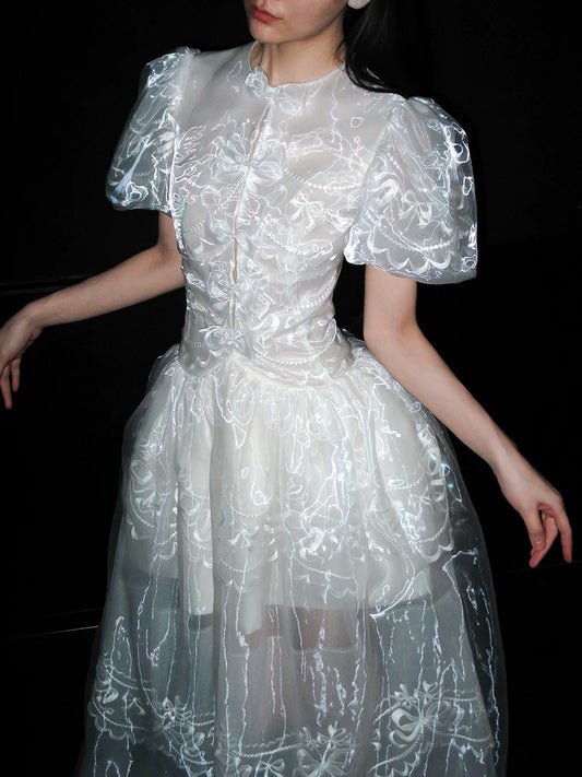 Elegant Bridal Reception Dress for Women, French-Inspired White Lace with Puff Sleeves and Round Neck