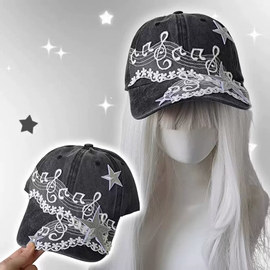 Lea’s Good Fortune Star Embroidered Lace Baseball Cap | Korean-Style Soft-Crown Washed Cap