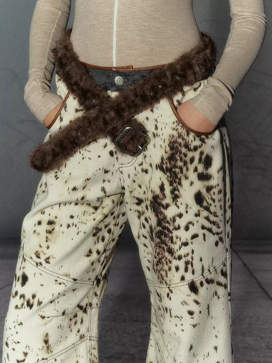 American Leopard Print Denim Wide Leg Pants