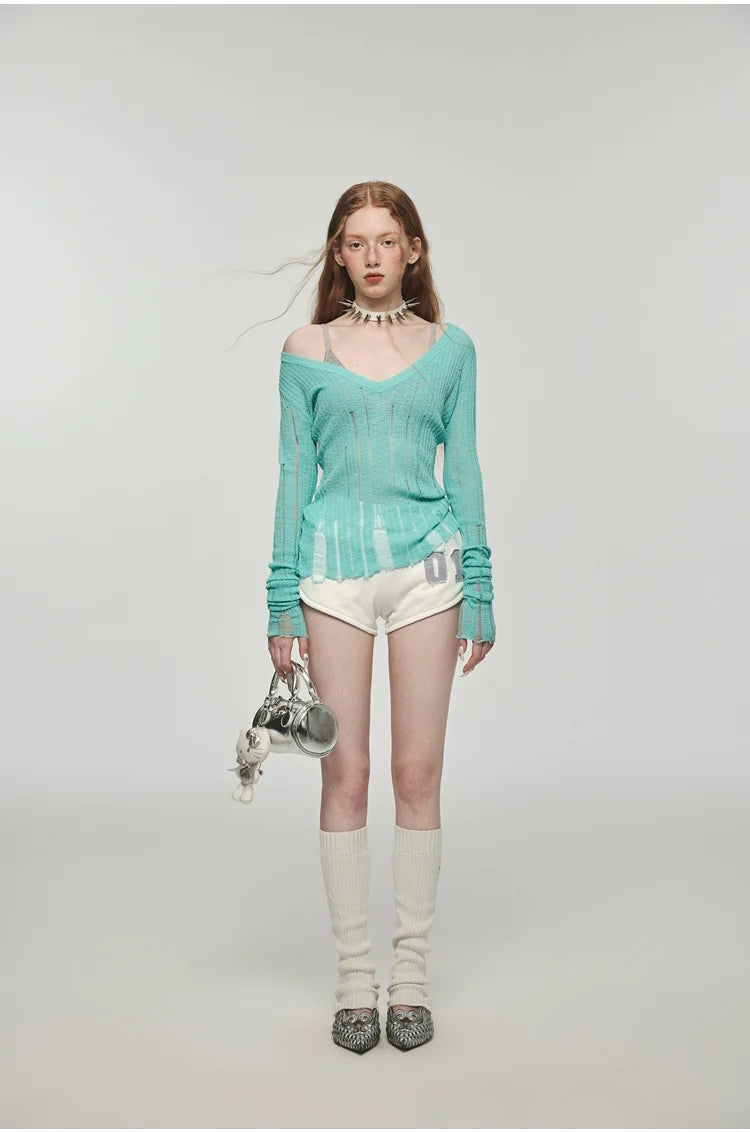 Hollow-Out V-Neck Thin Cardigan With Distressed Waist Knit Top