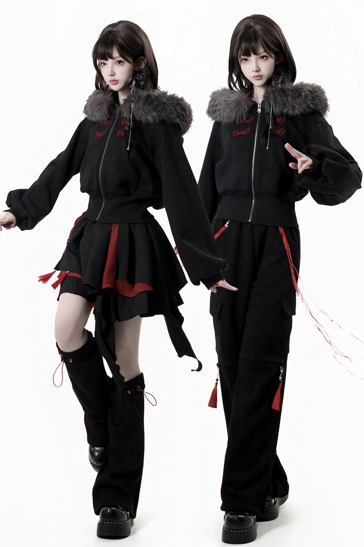 Dark Detachable Fur Jacket + Skirt + Pants