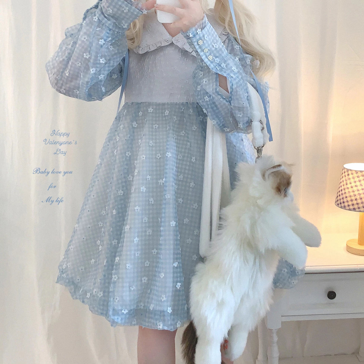 Last-Stock Rcyjs Cute Texture Doll Collar Contrast Printed All-Over Floral Mesh Gingham Pattern A-Line Puff Dress