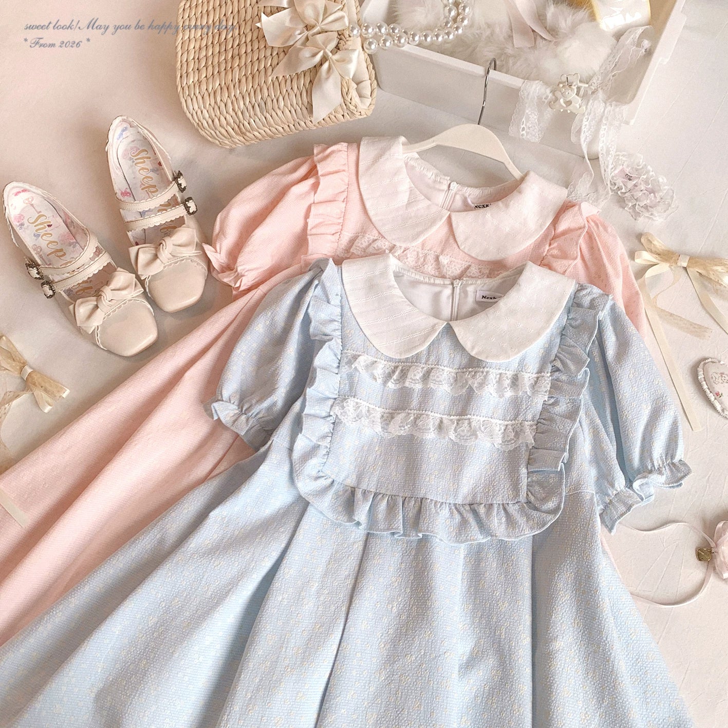 Last-Season Clearance NCX* Sweet Style Adorable Doll Collar Lace Ruffle Puff Sleeves High-Waist Dress