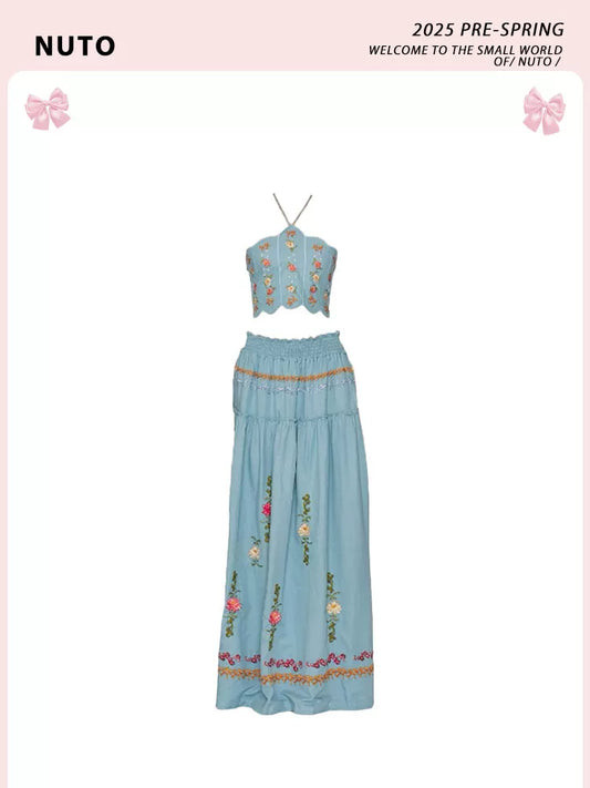 Blue Halter Tie Embroidered Sexy Backless Top & Midi Skirt Set for Women, Summer 2025 New
