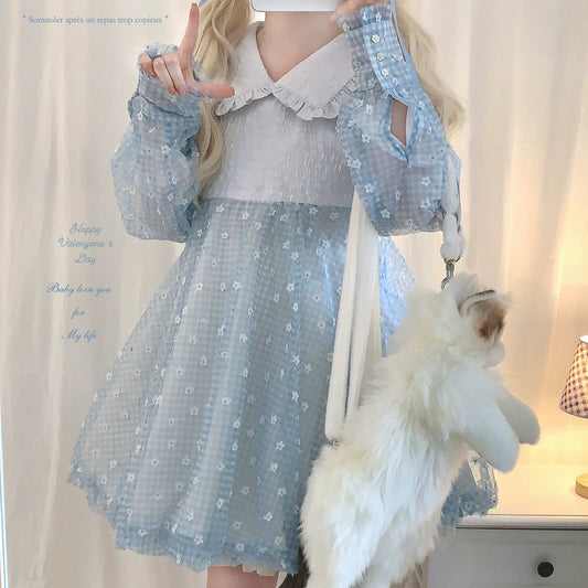 Last-Stock Rcyjs Cute Texture Doll Collar Contrast Printed All-Over Floral Mesh Gingham Pattern A-Line Puff Dress