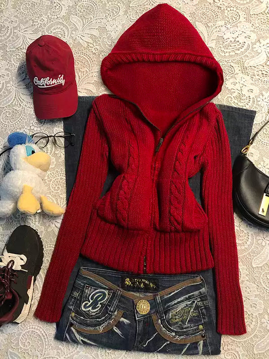 Red hooded knitted cardigan