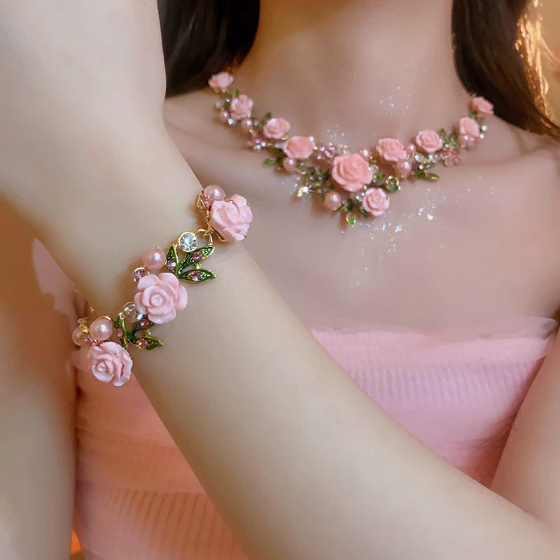 Pearl Collar Necklace with Pink Flowers for Women, Bold Statement Neckwear, 2026 New Fashion Accessory - Pink Set 1 Necklace + Bracelet