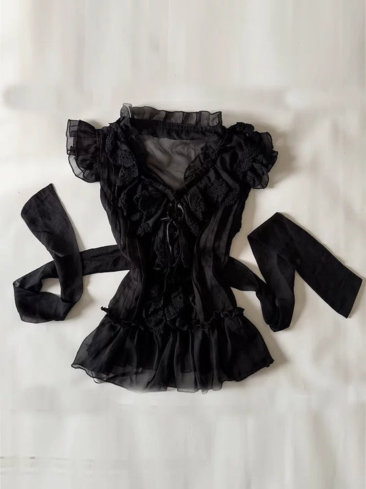 Vintage Black Lace Trim Shirt—Premium Feel, Cinched Waist for a Flattering Silhouette, Elegant Summer Top