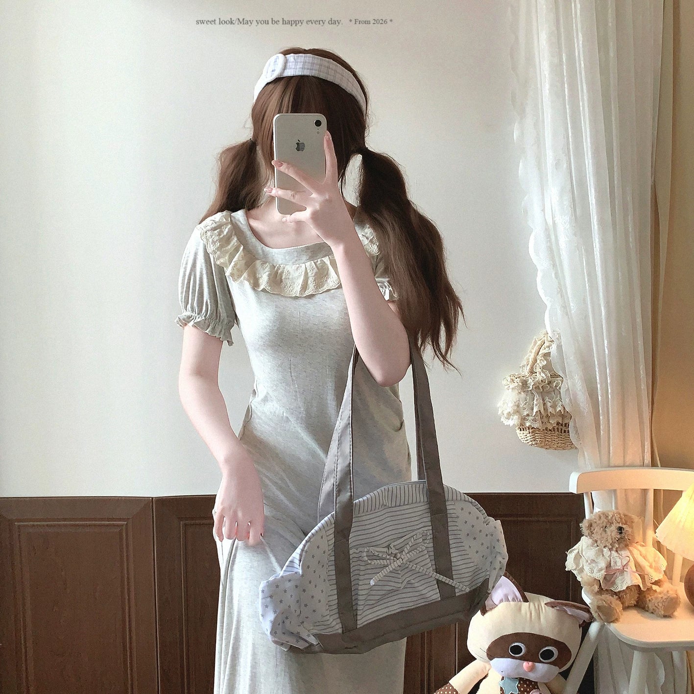 End-of-Season Soft Light Gray Korean Retro Ruffle Lace Long Dress with Short Sleeves*