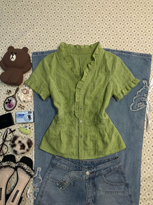 Green Fresh Wooden-Ear Embroidered Short-Sleeve Shirt for Women Summer Waist-Defining Flattering Top