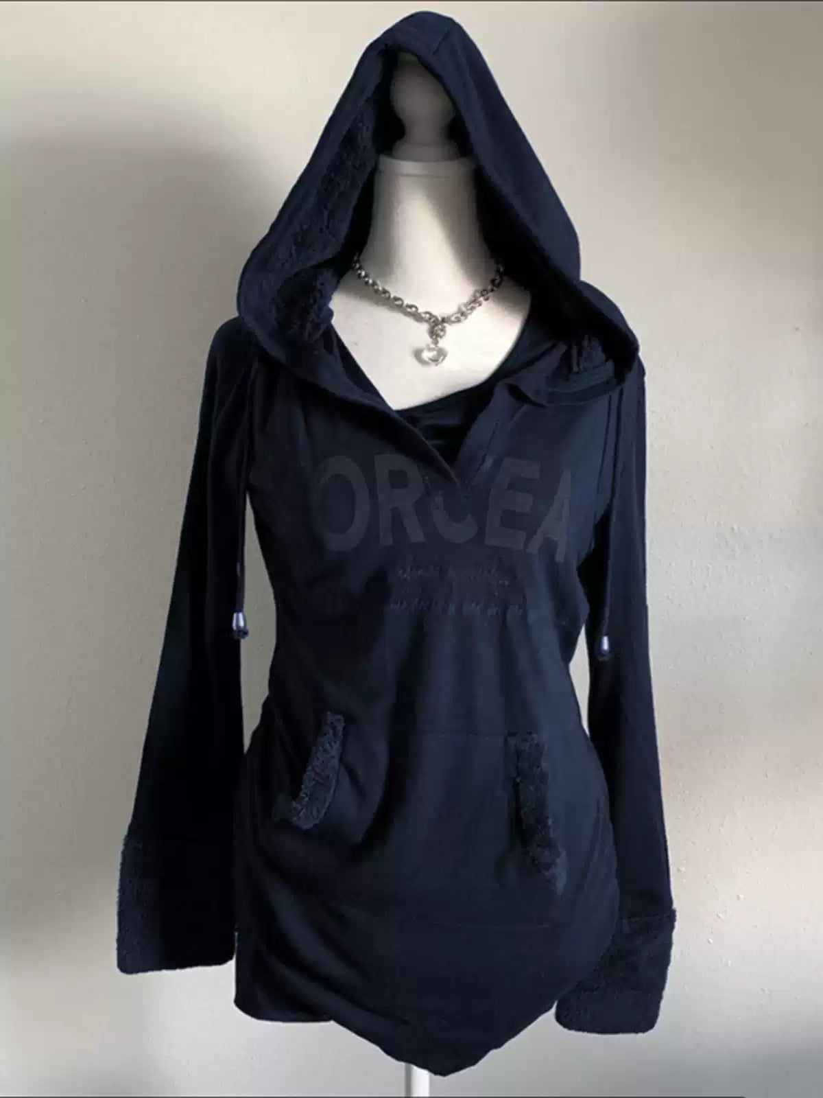 Dark blue lamb wool patchwork hooded sweatshirt