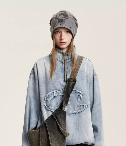 American distressed half-zip washed patchwork denim sweatshirt