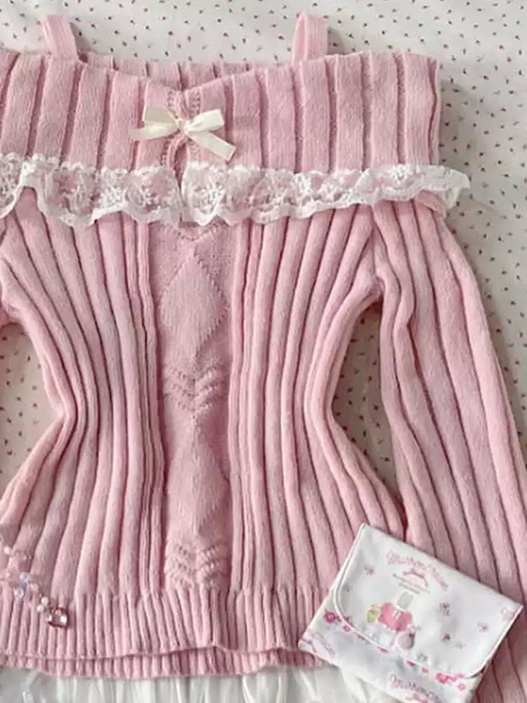 retro French pink lace sweater